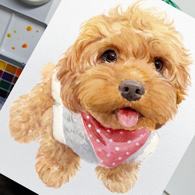 May include: Watercolor painting of a light brown dog with a red and white polka dot bandana. The dog has a fluffy coat and is wearing a gray and white vest. The dog's tongue is sticking out.