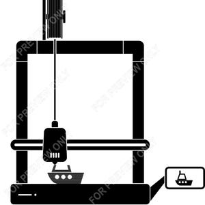 May include: Black and white illustration of a 3D printer. The printer has a rectangular frame with a nozzle and a small boat being printed. A screen on the side displays a boat icon. The design is a simple, graphic representation of the technology.