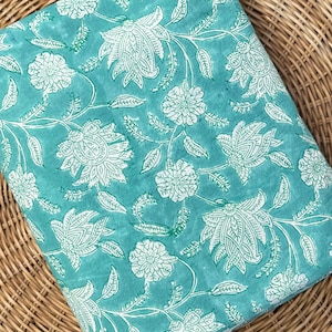 Fabric Hand-block Soft Cotton by Yard | Art Craft Project Home Furnishing Decor Dress Making | Floral Summer Aqua Lotus White Henna Art