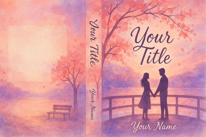 May include: Watercolor book cover design with a romantic theme. The cover features a couple holding hands on a bridge, under a tree with pink blossoms. The title and author's name are displayed in elegant script.