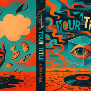 May include: A vibrant, surreal illustration with a hand emerging from water, holding a feather. Floating objects include cups and abstract shapes. The right side features an eye in a cube, a record, and the text "YOUR TITLE".
