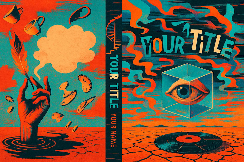 May include: A vibrant, surreal illustration with a hand emerging from water, holding a feather. Floating objects include cups and abstract shapes. The right side features an eye in a cube, a record, and the text "YOUR TITLE".