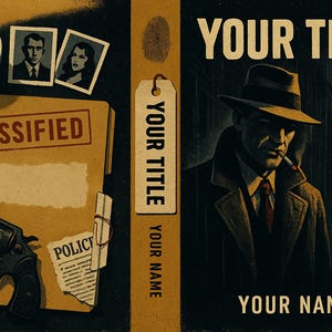May include: Vintage-style book cover illustration with a noir theme. Features a detective in a trench coat, a revolver, a file marked "Classified," and the text "YOUR TITLE" and "YOUR NAME." Includes a coffee cup and photos.