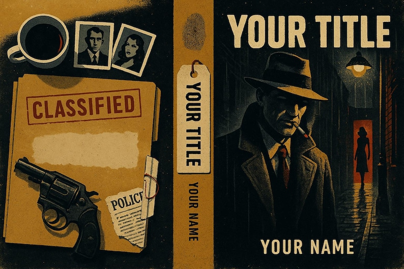 May include: Vintage-style book cover illustration with a noir theme. Features a detective in a trench coat, a revolver, a file marked "Classified," and the text "YOUR TITLE" and "YOUR NAME." Includes a coffee cup and photos.