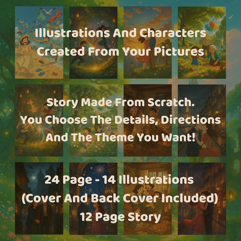 May include: A collage of illustrations with text. The text reads "Illustrations And Characters Created From Your Pictures", "Story Made From Scratch. You Choose The Details, Directions And The Theme You Want!", "24 Page - 14 Illustrations (Cover And Back Cover Included) 12 Page Story".