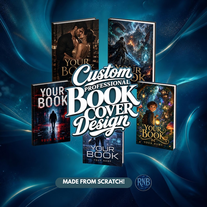 May include: An image showcasing five book covers with various fantasy and romance themes. The covers feature illustrations of a couple, a warrior, a boy with a lantern, and a figure walking in the rain. The text "Custom Professional Book Cover Design" is prominently displayed.