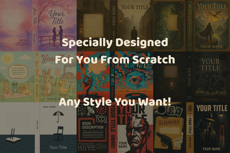 May include: A collage of book cover designs with various themes, including a couple, a cityscape, and fantasy scenes. The text "Specially Designed For You From Scratch" and "Any Style You Want!" are prominently displayed.
