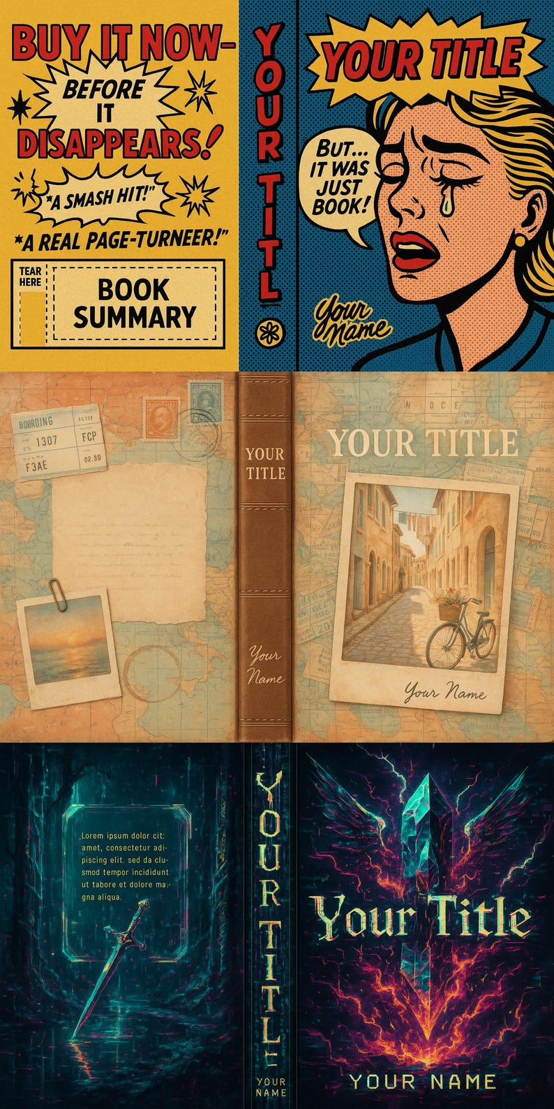 May include: A composite image featuring book cover designs. One cover has a pop art style with a crying woman and text. Other covers include vintage travel themes and fantasy art with a sword and crystal.