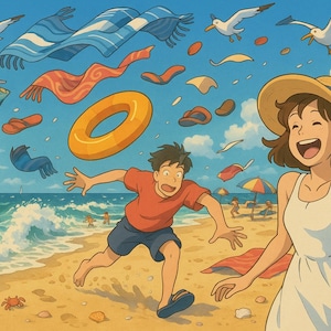 May include: An animated beach scene with people, seagulls, and beach accessories. A woman in a white dress and a straw hat smiles. A man in a red shirt and blue shorts runs on the sand. A yellow inflatable ring floats in the air.
