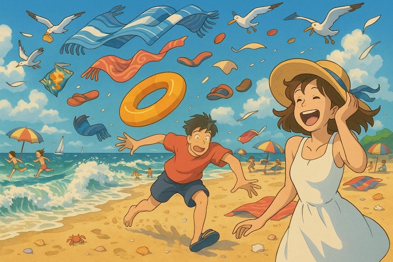 May include: An animated beach scene with people, seagulls, and beach accessories. A woman in a white dress and a straw hat smiles. A man in a red shirt and blue shorts runs on the sand. A yellow inflatable ring floats in the air.