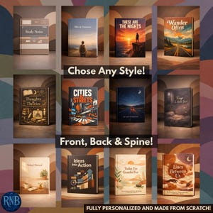 May include: A collection of personalized books with various cover designs. The covers feature titles like "Miles & Moments," "These Are The Nights," and "Wander Often." The image includes text that says "Chose Any Style!" and "Front, Back & Spine!"