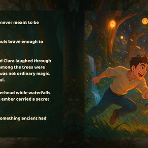 May include: An illustrated scene depicts two figures in a forest, surrounded by glowing orange and yellow light. Text on the left describes a magical forest and the awakening of the Flame of Wonder.
