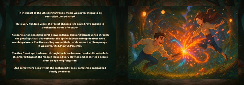 May include: An illustrated scene depicts two figures in a forest, surrounded by glowing orange and yellow light. Text on the left describes a magical forest and the awakening of the Flame of Wonder.