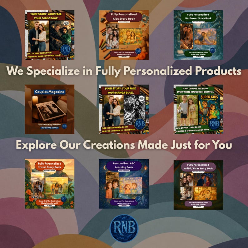 May include: A promotional image showcasing various personalized products. The image features several book covers with family photos and text, including "Your Story, Your Face" and "Fully Personalized." The text "We Specialize in Fully Personalized Products" is also visible.
