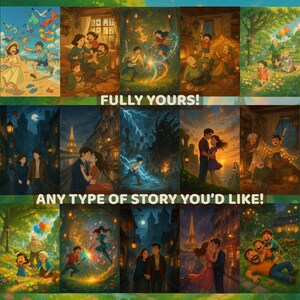 May include: A collection of illustrated panels with various scenes, including people on a beach, families, and couples. The text "FULLY YOURS!" and "ANY TYPE OF STORY YOU'D LIKE!" are displayed.