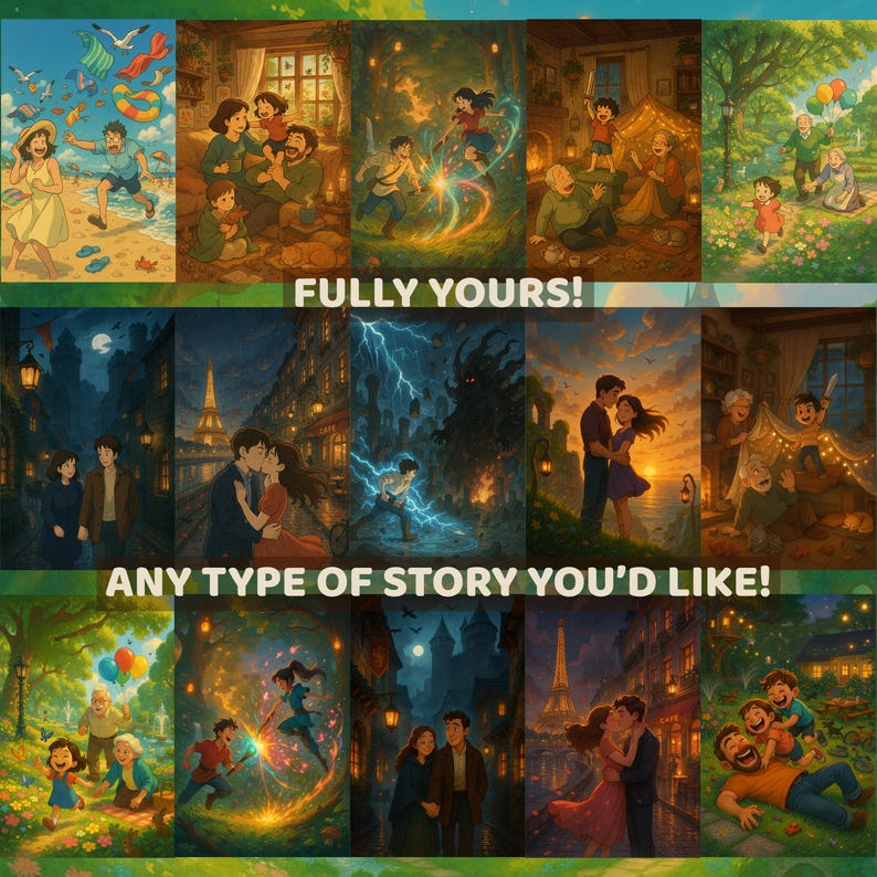 May include: A collection of illustrated panels with various scenes, including people on a beach, families, and couples. The text "FULLY YOURS!" and "ANY TYPE OF STORY YOU'D LIKE!" are displayed.
