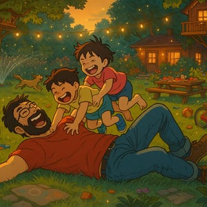 May include: An illustrated scene of a family enjoying a backyard. A man lies on the grass, laughing, with two children playfully on top of him. Red bicycles and running dogs are also in the scene. A picnic table and treehouse are in the background.