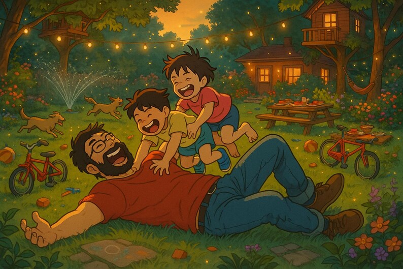 May include: An illustrated scene of a family enjoying a backyard. A man lies on the grass, laughing, with two children playfully on top of him. Red bicycles and running dogs are also in the scene. A picnic table and treehouse are in the background.