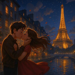May include: Digital illustration of a couple kissing in Paris at night. The Eiffel Tower is illuminated in the background. A cafe with outdoor seating is on the left. The scene is romantic with warm lighting.