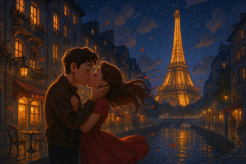 May include: Digital illustration of a couple kissing in Paris at night. The Eiffel Tower is illuminated in the background. A cafe with outdoor seating is on the left. The scene is romantic with warm lighting.