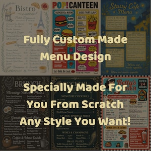 Könnte beinhalten: Eine Collage aus farbenfrohen Restaurantmenüs mit verschiedenen Designs. Die Menüs zeigen Texte wie "Bistro", "Pop! Canteen" und "Betty's" mit Speisen und Getränken. Der Text "Fully Custom Made Menu Design" ist ebenfalls sichtbar.
