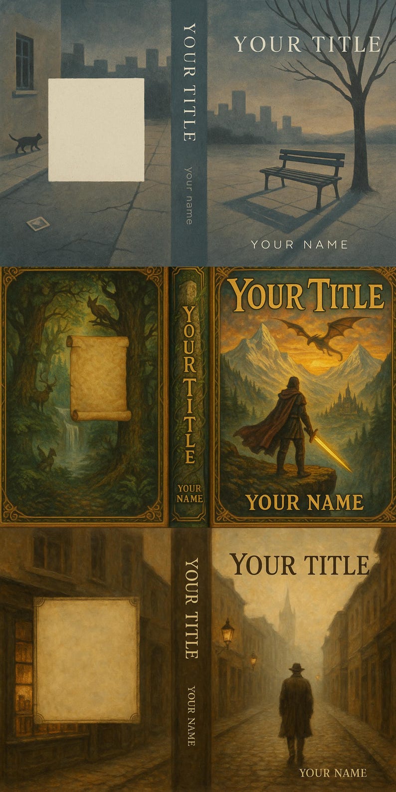 May include: A collection of book covers with fantasy and urban themes. One cover depicts a city scene with a bench and tree. Another shows a warrior with a sword and a dragon. The third cover shows a street scene with a person walking away.