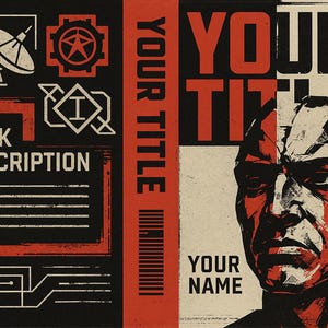 May include: Book cover design with a bold, retro aesthetic. The cover features a striking illustration of a man's face in red and black, with the words "YOUR TITLE" and "YOUR NAME" in large, block letters. The left side includes the text "BOOK DESCRIPTION".