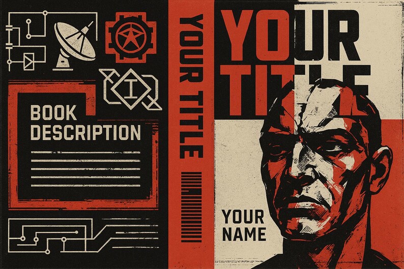 May include: Book cover design with a bold, retro aesthetic. The cover features a striking illustration of a man's face in red and black, with the words "YOUR TITLE" and "YOUR NAME" in large, block letters. The left side includes the text "BOOK DESCRIPTION".