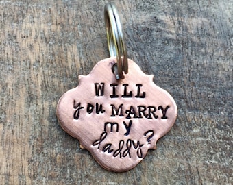 PUPPY PROPOSAL Hand Stamped Dog Tag. Unique Puppy Pawposal Idea. will you marry my daddy. proposal idea involving pet, animal, dog, cat.