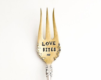 LOVE BITES Hand Stamped Vintage Silver Plate Dessert fork. Hand Stamped Vintage Flatware. Valentine's Day Gift. Galentine's Day Gift Idea.