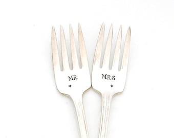 Hand Stamped Bridal Dessert Forks, personalized with Monogram, Names, Custom Wording. Wedding Cake Cutting. Personalized Dessert Fork Pair