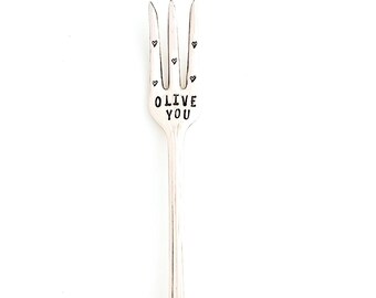 OLIVE YOU cocktail fork with hearts.  Perfect Valentine Gift for the Charcuterie Lover in you life!  Hand Stamped Vintage silverware fork