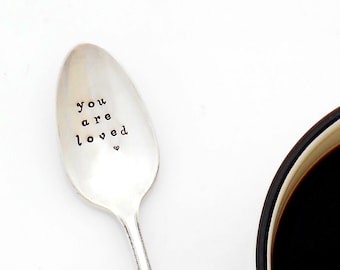 you are loved with heart design hand stamped coffee spoon. The Original Hand Stamped Vintage Coffee Spoons™ Sycamore Hill.  Stamped Teaspoon