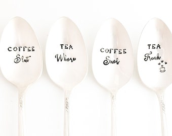 Coffee Slut, Tea Whore Spoon.  The ORIGINAL Hand Stamped Vintage Coffee Spoons by Sycamore Hill. Coffee connoisseur. Barista Gift Idea SNOB