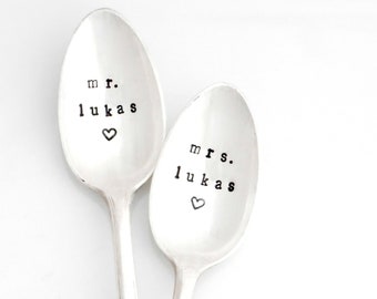 CUSTOM Mr. & Mrs. Stamped Spoons. Personalized LAST name. His Hers Spoons. The Original Hand Stamped Vintage Spoons™ Coffee Wedding Gift
