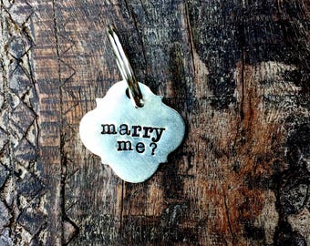 The Puppy Proposal Pet Tag™  MARRY ME Hand Stamped Quatrefoil Shape Pet Tag. Boho Dog Tag. Dog Proposal. Pawposal Dog Tag. Pawposal Idea.