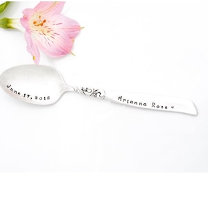Personalized Baby Spoon. Baby&#39;s First Silver Spoon. Personalized with Name and Birth Date. Baby Teaspoon. Hand Stamped Vintage Teaspoon.
