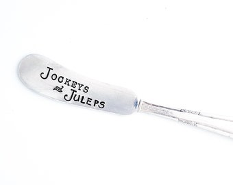 Jockeys and Juleps Hand Stamped Vintage Spreader. Cheese Knife.  Unique Kentucky Derby Hostess Gift. Kentucky Derby Party Theme Tabletop.