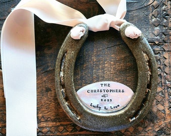 The Lucky In Love Horseshoe™. CUSTOM Wall Decor. Personalized Door Welcome Plaque. Milestone Anniversary Gift.  Equestrian Style. Rustic