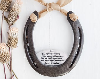 Custom MEMORIAL Horseshoe Commemorating the loss of a loved one or family member. Personalized with custom quote or wording.