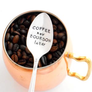 COFFEE now BOURBON later Coffee Spoon. Stamped Teaspoon. The ORIGINAL Hand Stamped Vintage Coffee Spoons™ by Creator, Kelly Galanos. Derby
