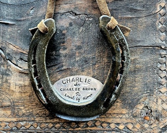 The Stall Name Plate Horseshoe for Horse or Pony Stall. Barn or Home. Hand Stamped Vintage Silver Plate. Reclaimed Kentucky Horseshoes.