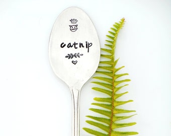 Catnip Hand Stamped Vintage Spoon Handle Herb Garden Markers. Gift for Cat Lover, Fancier. Hand Stamped Garden Stakes. Crazy Cat Lady Gift.