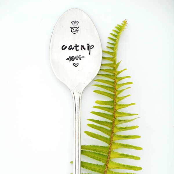 Catnip Hand Stamped Vintage Spoon Handle Herb Garden Markers. Gift for Cat Lover, Fancier. Hand Stamped Garden Stakes. Crazy Cat Lady Gift.