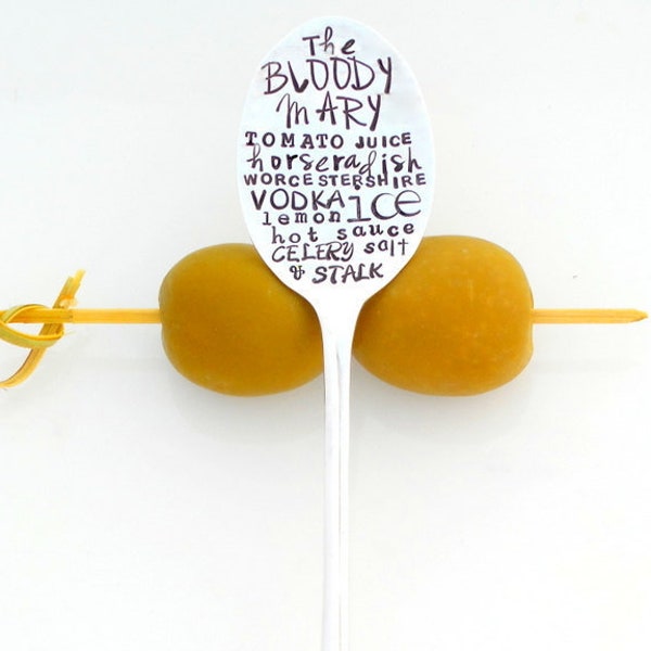 The BLOODY MARY Cocktail Recipe Stirrer Spoon. The ORIGINAL Poster Art Style Flattened Silver Spoon by Sycamore Hill. Custom. Hand Stamped