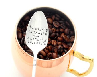 I Love You From Here to There. Stamped Spoon. North to West Coordinates.  Location Where We Met,  Where We Married. From Point A to Point B.
