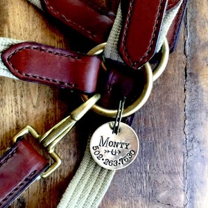 May include: A brown leather horse halter with a beige cotton rope and a brass tag that reads "Monty 502-263-7630".