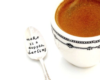 make is a DOPPIO darling™ demitasse spoon. ORIGINAL design. The ORIGINAL Hand Stamped Vintage Coffee & Espresso Spoons™ by Sycamore Hill