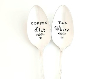 Coffee Slut, Tea Whore Spoon.  The ORIGINAL Hand Stamped Vintage Coffee Spoons by Sycamore Hill. Coffee connoisseur. Barista Gift Idea SNOB