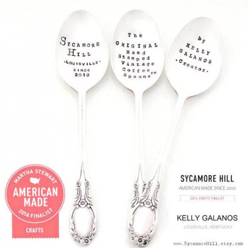 The ORIGINAL Hand Stamped Vintage Spoons\u2122 by Sycamore Hill Chocolate Spoon. Hot Cocoa with hearts PEACE love COCOA Hand Stamped Teaspoon
